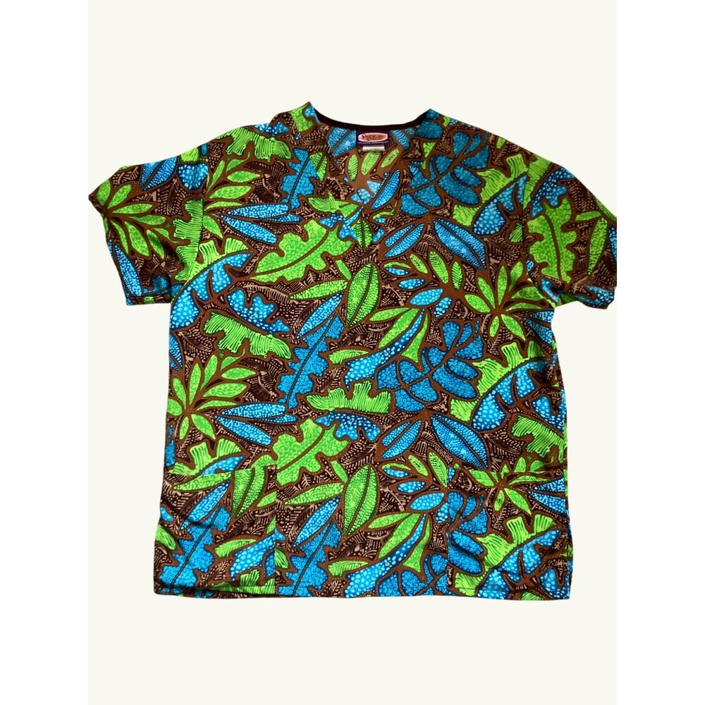 Colorful Leaf Print Silky Scrubs Top M Microfiber V-Neck Size M